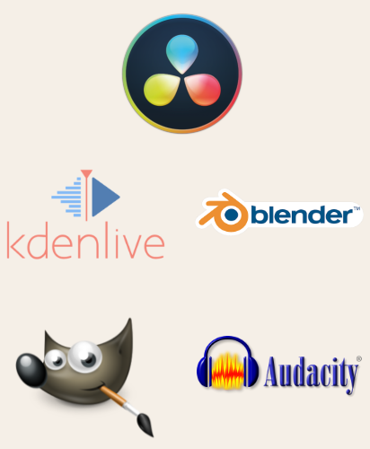 DaVinci Resolve Studio, Kdenlive, Blender 3D, GIMP, Audacity software